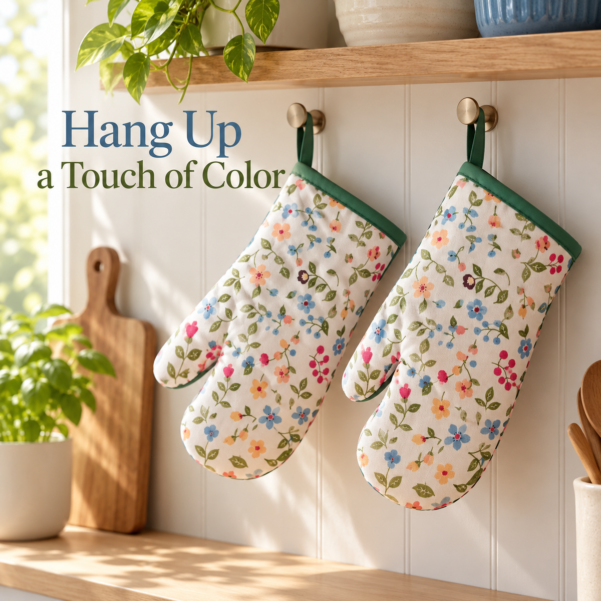 Floral Oven Mitt Pair with Green Trim, Padded Shape & Hanging Loops for a Cozy Kitchen — Hang Up a Touch of Color