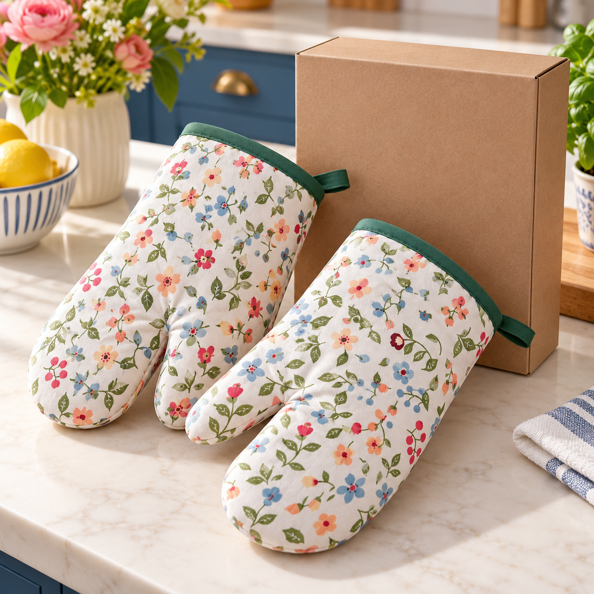 Floral Oven Mitt Pair with Green Trim, Padded Shape & Hanging Loops for a Cozy Kitchen — main view with plain kraft packaging