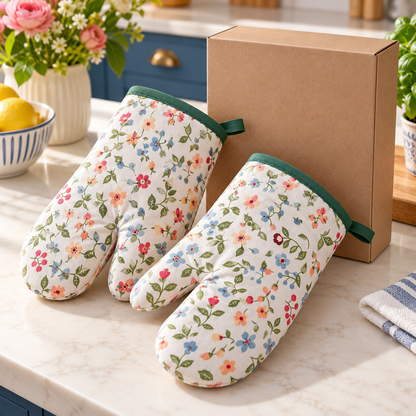 Floral Oven Mitt Pair with Green Trim, Padded Shape & Hanging Loops for a Cozy Kitchen — main view with plain kraft packaging