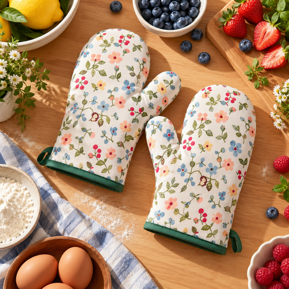 Floral Oven Mitt Pair with Green Trim, Padded Shape & Hanging Loops for a Cozy Kitchen — main 02