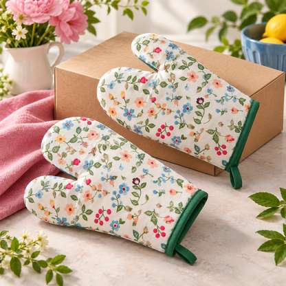 Floral Oven Mitt Pair with Green Trim, Padded Shape & Hanging Loops for a Cozy Kitchen — main 03