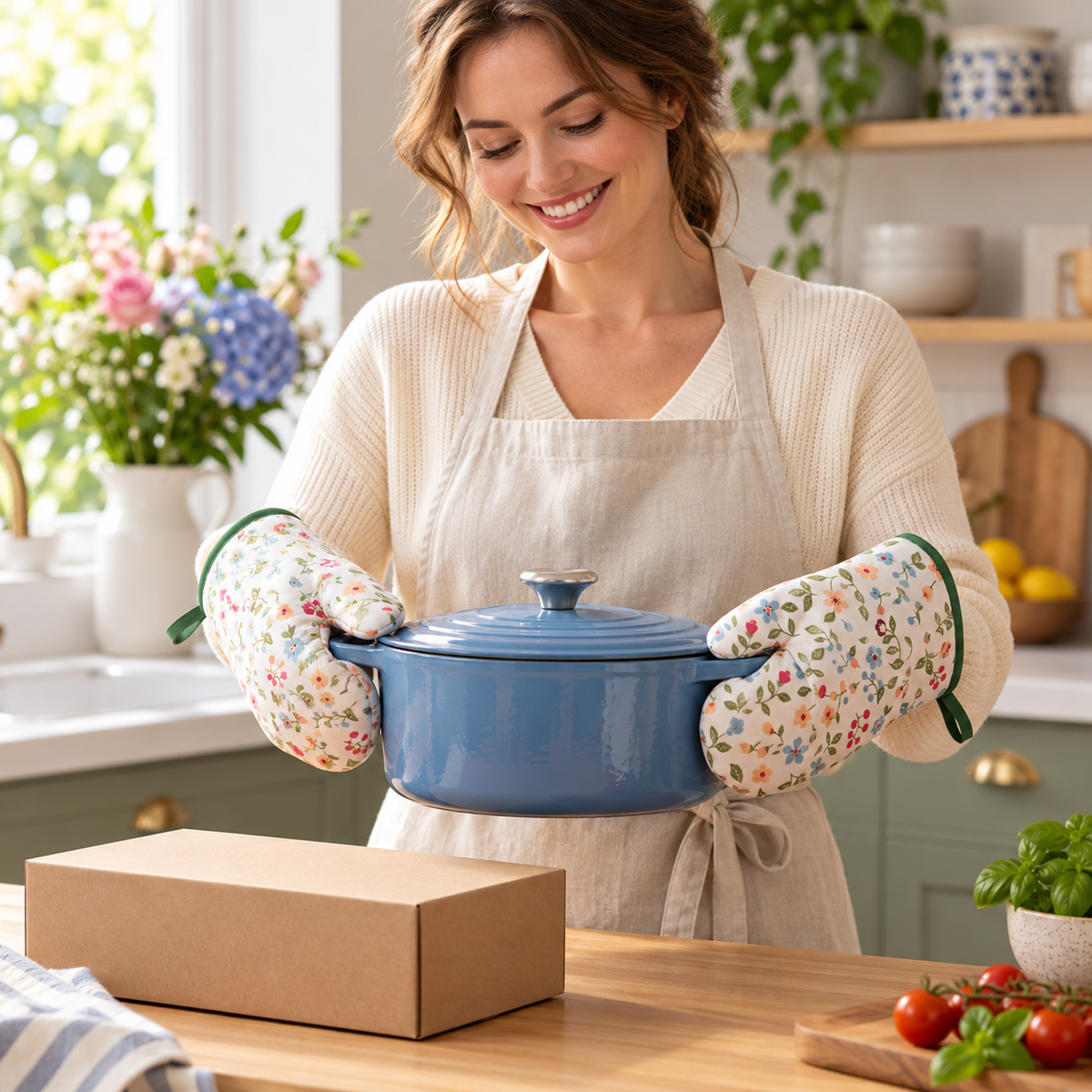 Floral Oven Mitt Pair with Green Trim, Padded Shape & Hanging Loops for a Cozy Kitchen — female lifestyle model holding product