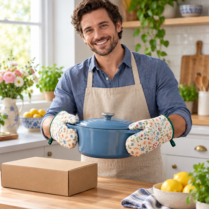 Floral Oven Mitt Pair with Green Trim, Padded Shape & Hanging Loops for a Cozy Kitchen — male lifestyle model holding product