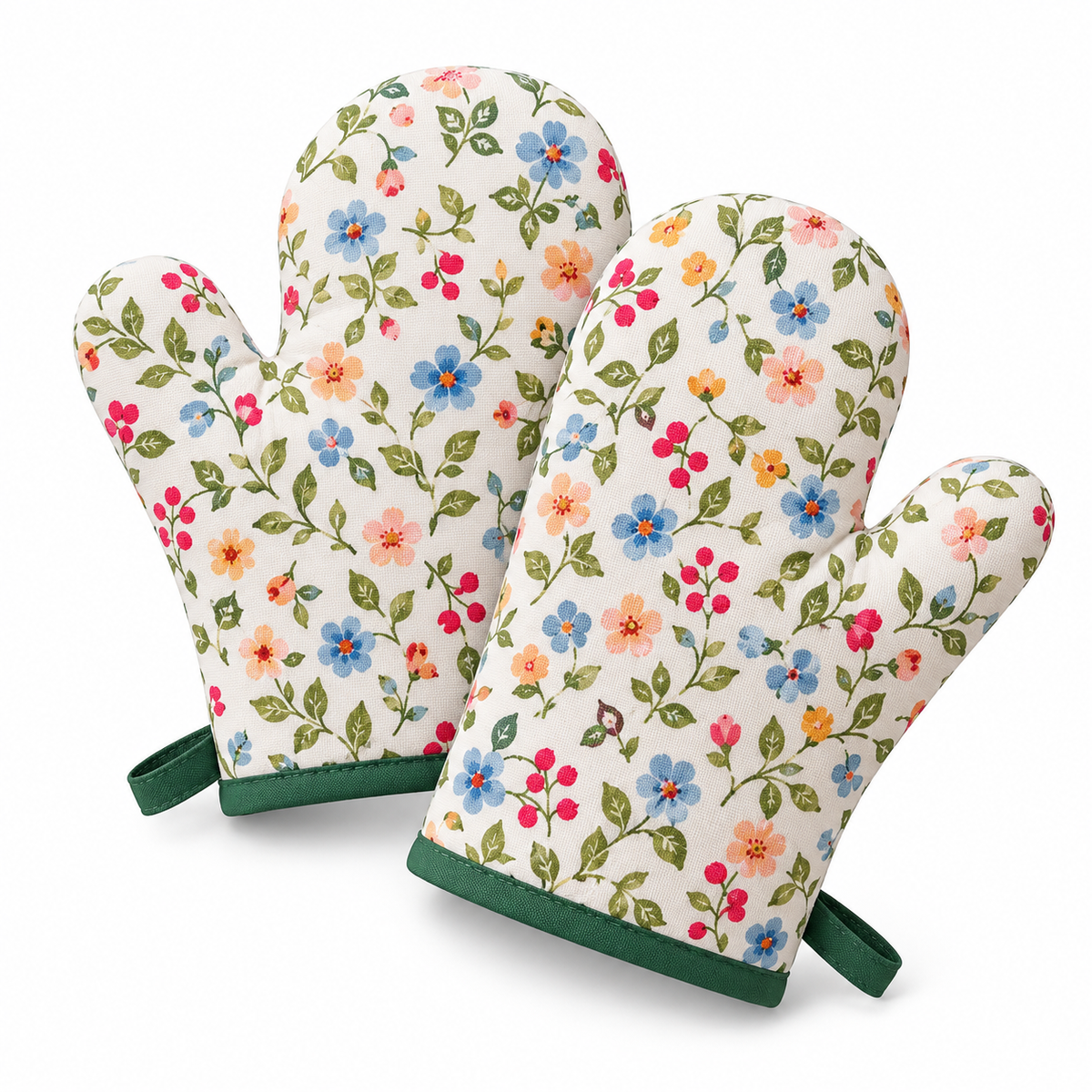 Floral Oven Mitt Pair with Green Trim, Padded Shape & Hanging Loops for a Cozy Kitchen — isolated on white background