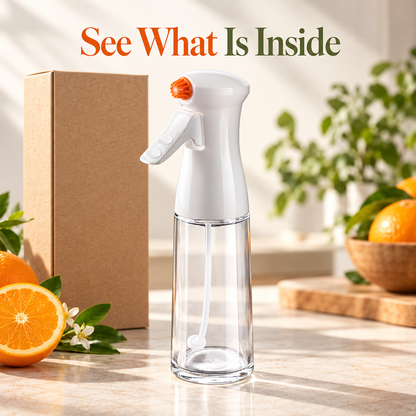Clear Cooking Oil Spray Bottle with White Trigger Head & Orange Nozzle for Everyday Meal Prep — See What Is Inside