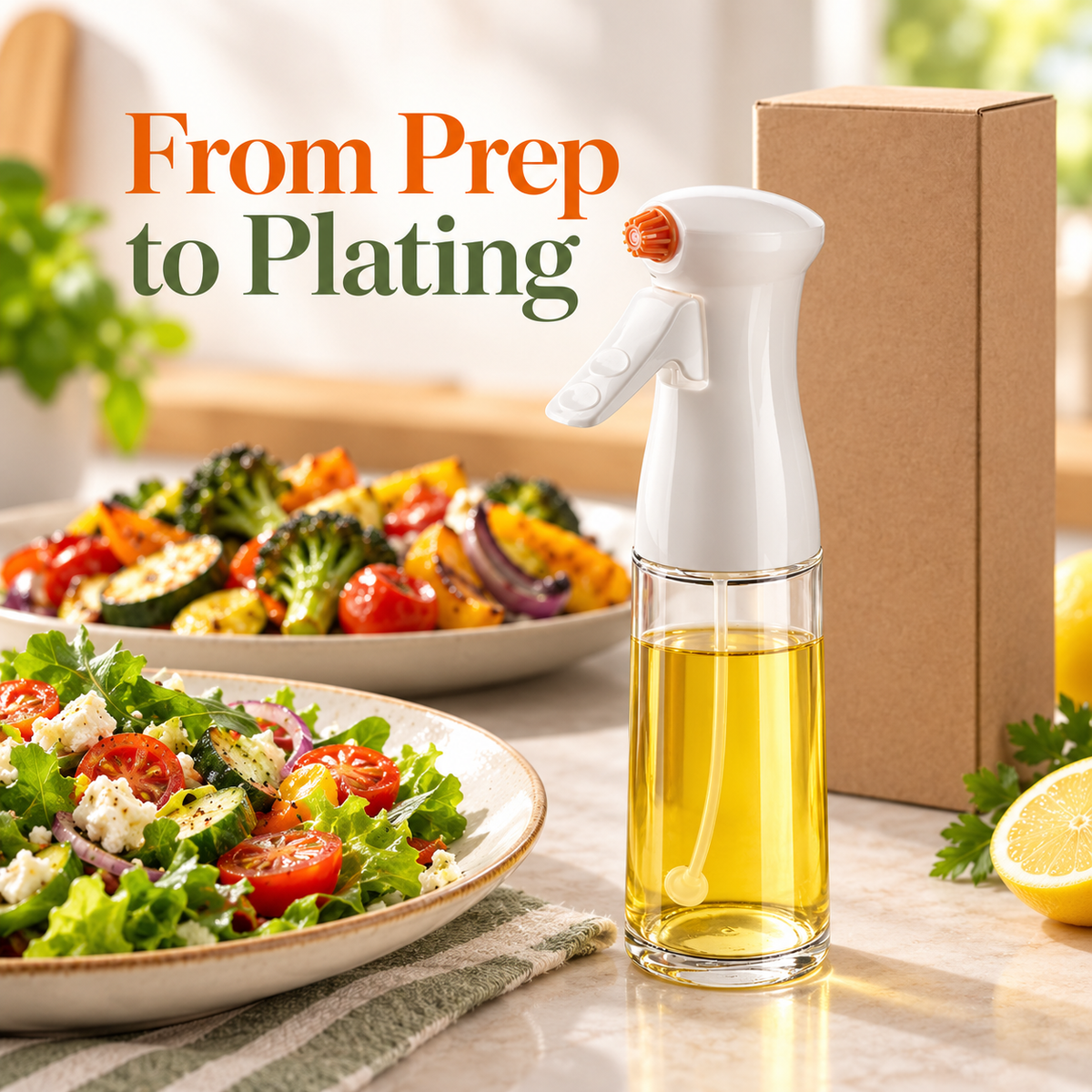Clear Cooking Oil Spray Bottle with White Trigger Head & Orange Nozzle for Everyday Meal Prep — From Prep to Plating