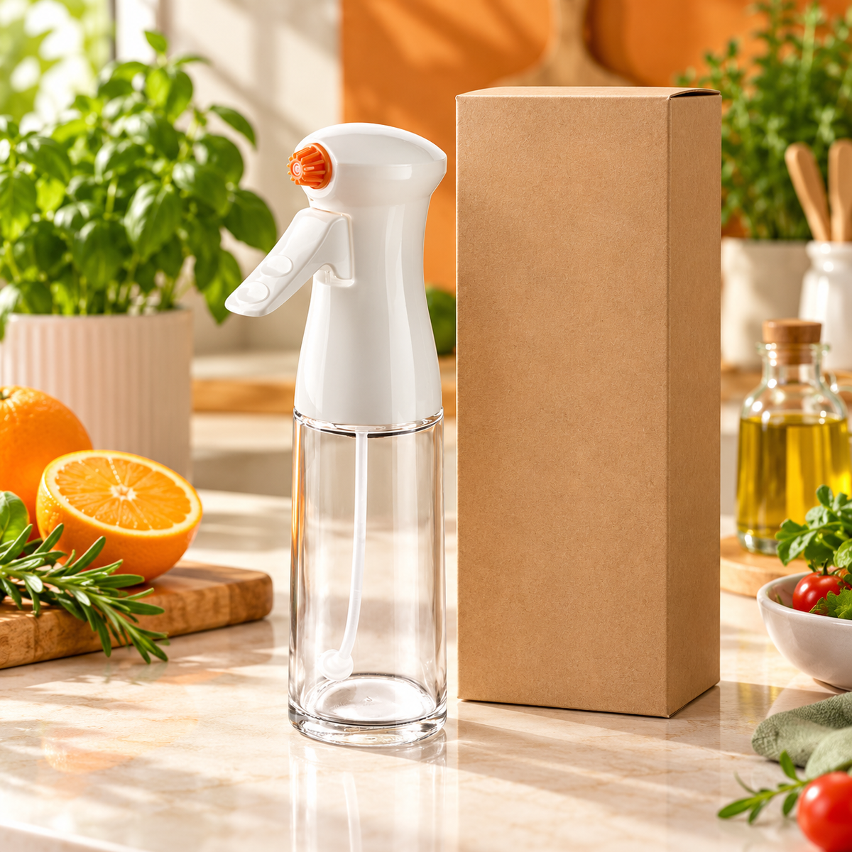 Clear Cooking Oil Spray Bottle with White Trigger Head & Orange Nozzle for Everyday Meal Prep — main view with plain kraft packaging