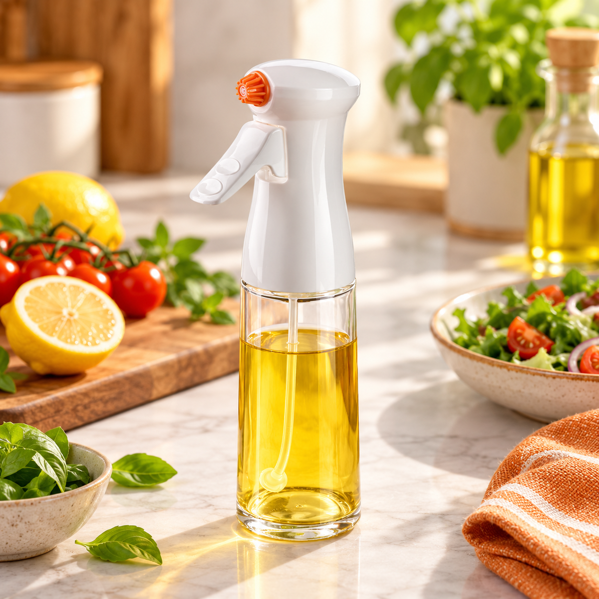 Clear Cooking Oil Spray Bottle with White Trigger Head & Orange Nozzle for Everyday Meal Prep — main 02