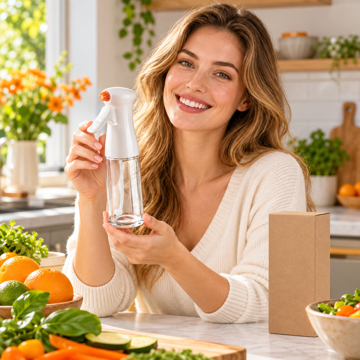 Clear Cooking Oil Spray Bottle with White Trigger Head & Orange Nozzle for Everyday Meal Prep — model female