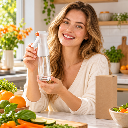 Clear Cooking Oil Spray Bottle with White Trigger Head & Orange Nozzle for Everyday Meal Prep — model female
