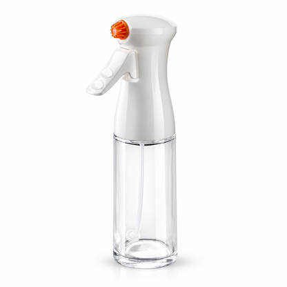 Clear Cooking Oil Spray Bottle with White Trigger Head & Orange Nozzle for Everyday Meal Prep — white background