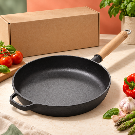Black frying pan with wooden handle and helper grip beside plain kraft packaging