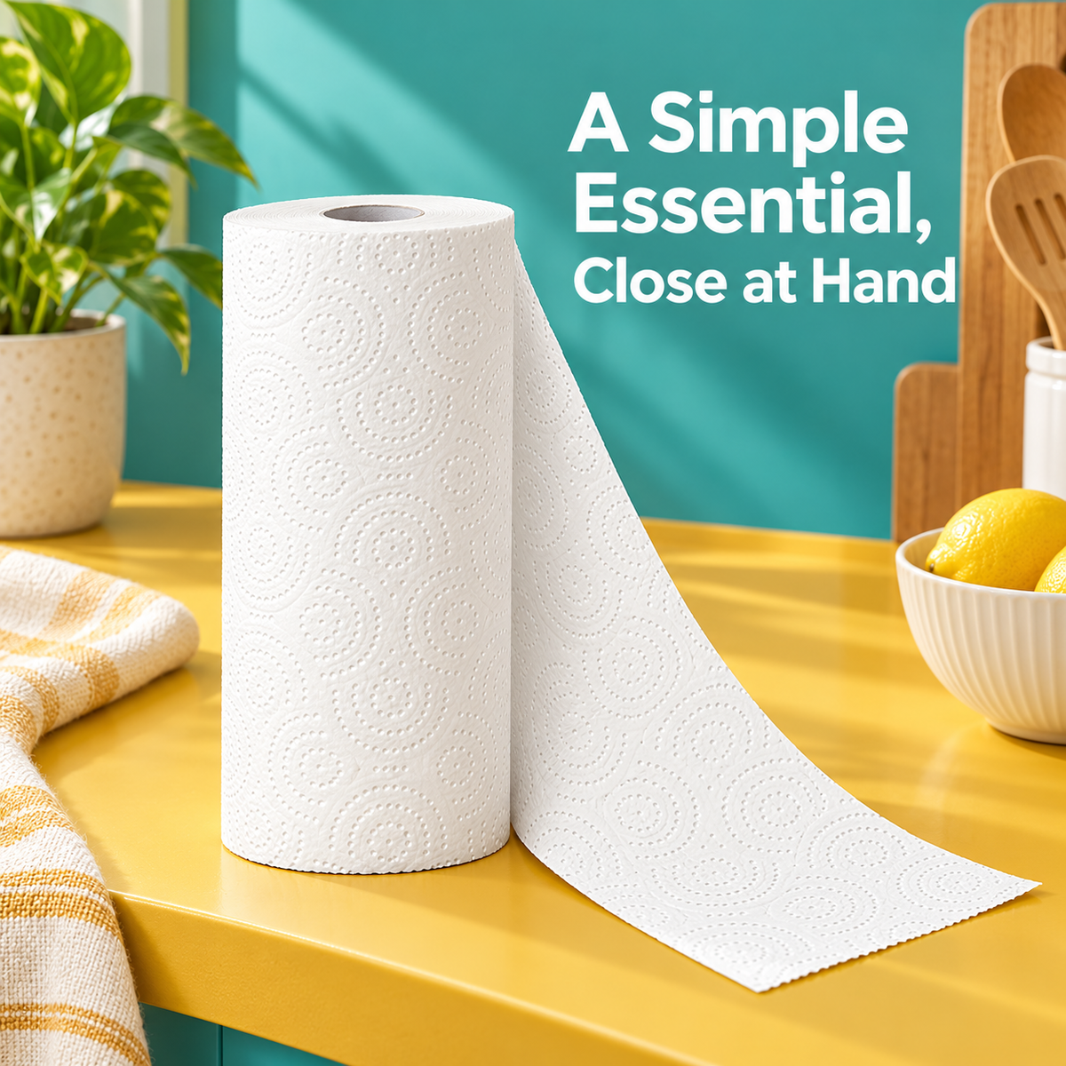 White Embossed Kitchen Paper Towel Roll with Decorative Swirl Texture for Everyday Cleanup — A Simple Essential, Close at Hand