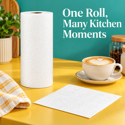 White Embossed Kitchen Paper Towel Roll with Decorative Swirl Texture for Everyday Cleanup — One Roll, Many Kitchen Moments