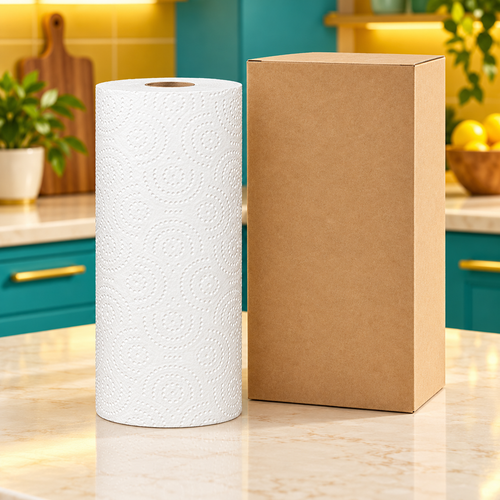 White Embossed Kitchen Paper Towel Roll with Decorative Swirl Texture for Everyday Cleanup — main view with plain kraft packaging