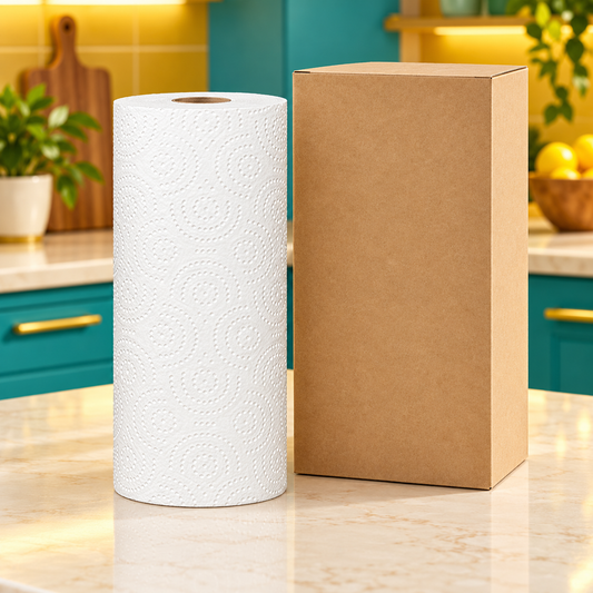 White Embossed Kitchen Paper Towel Roll with Decorative Swirl Texture for Everyday Cleanup — main view with plain kraft packaging