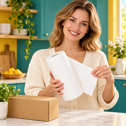 White Embossed Kitchen Paper Towel Roll with Decorative Swirl Texture for Everyday Cleanup — female lifestyle model holding product