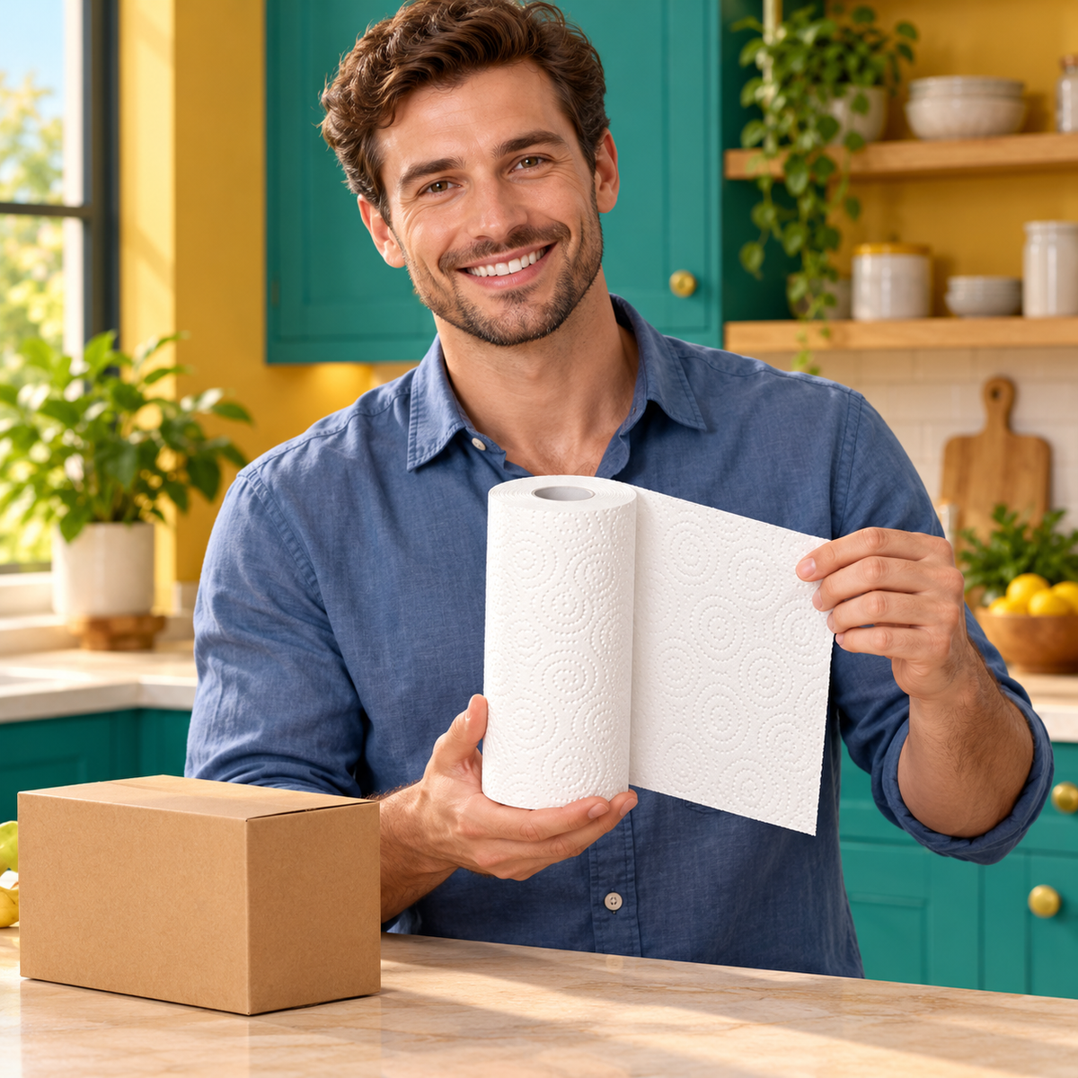 White Embossed Kitchen Paper Towel Roll with Decorative Swirl Texture for Everyday Cleanup — male lifestyle model holding product