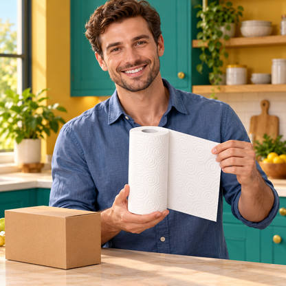 White Embossed Kitchen Paper Towel Roll with Decorative Swirl Texture for Everyday Cleanup — male lifestyle model holding product