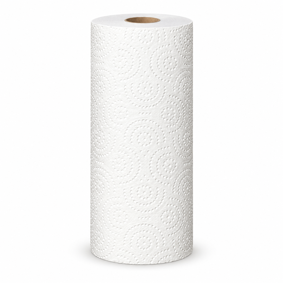 White Embossed Kitchen Paper Towel Roll with Decorative Swirl Texture for Everyday Cleanup — isolated on white background