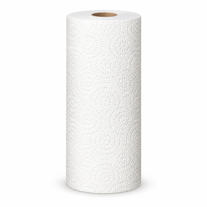 White Embossed Kitchen Paper Towel Roll with Decorative Swirl Texture for Everyday Cleanup — isolated on white background
