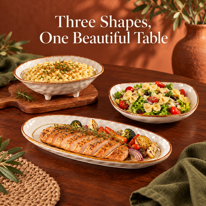 Three-Piece Ivory Serving Dish Set with Rustic Brown Rims, Oval Platter & Footed Bowl — Three Shapes, One Beautiful Table