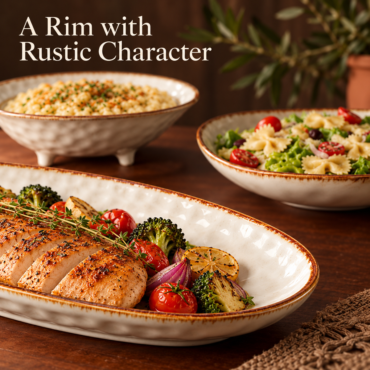 Three-Piece Ivory Serving Dish Set with Rustic Brown Rims, Oval Platter & Footed Bowl — A Rim with Rustic Character