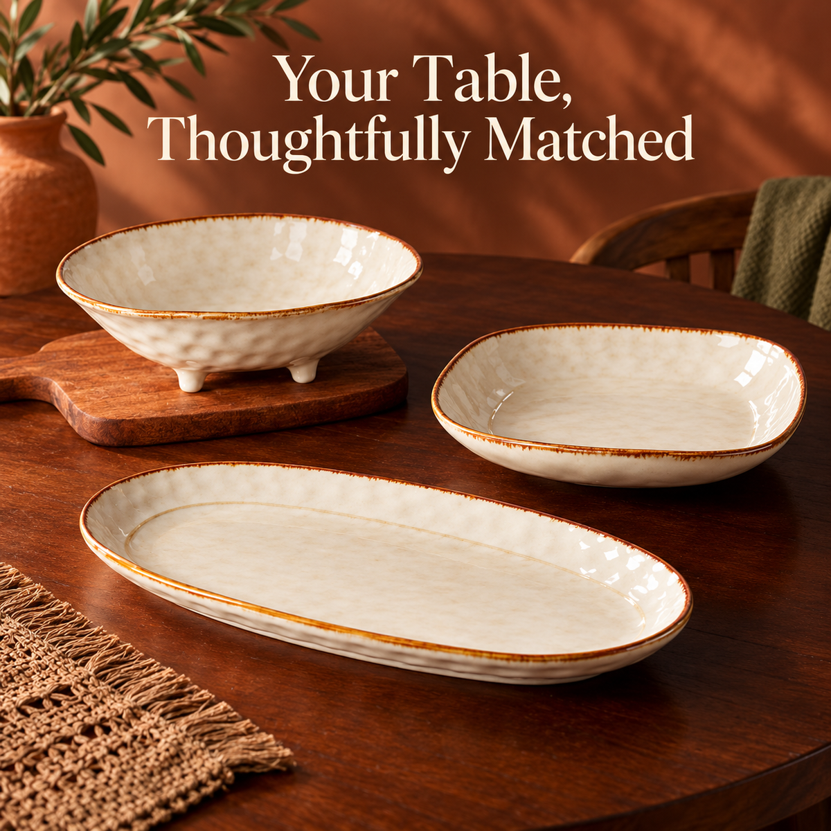Three-Piece Ivory Serving Dish Set with Rustic Brown Rims, Oval Platter & Footed Bowl — Your Table, Thoughtfully Matched