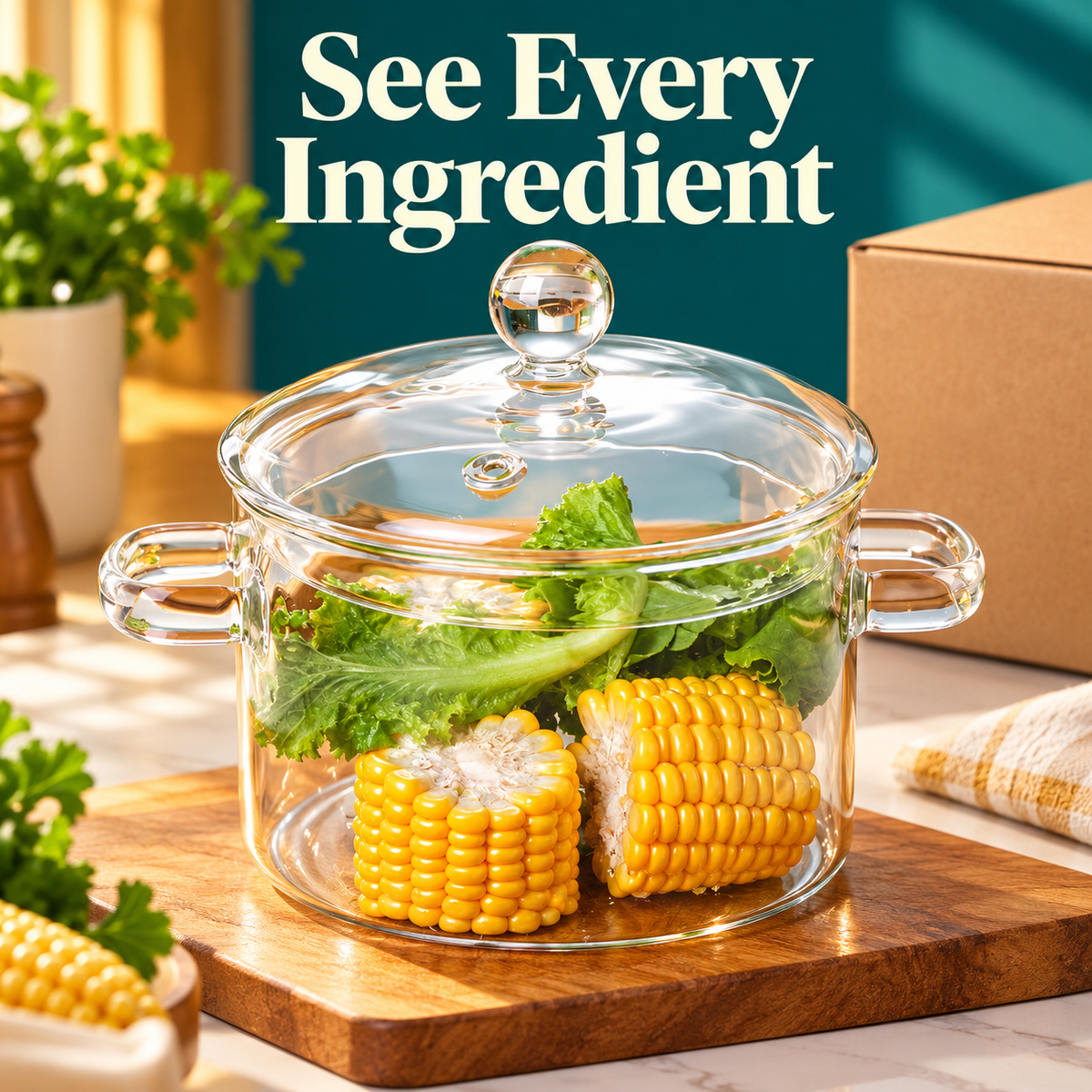 Clear Glass Soup Pot with Matching Lid & Twin Handles for Beautiful Everyday Meals — detail 01
