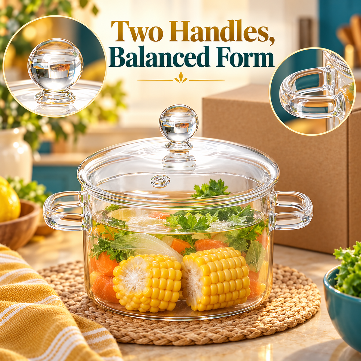 Clear Glass Soup Pot with Matching Lid & Twin Handles for Beautiful Everyday Meals — detail 03
