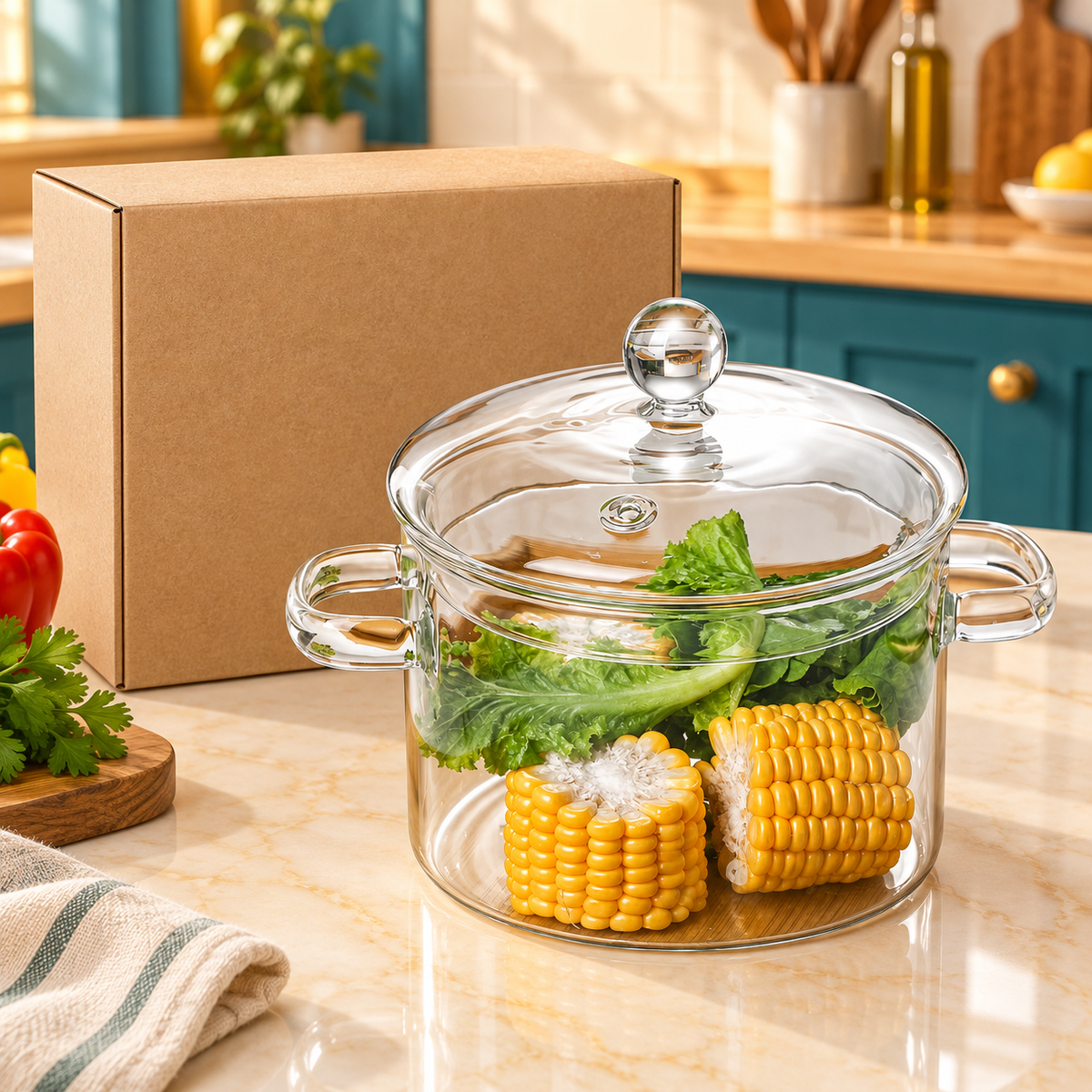 Clear glass soup pot with matching lid and twin handles beside unprinted kraft packaging