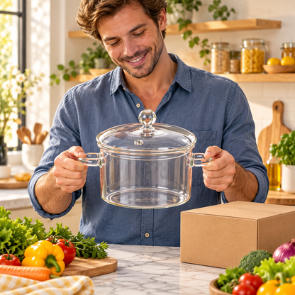 Clear Glass Soup Pot with Matching Lid & Twin Handles for Beautiful Everyday Meals — model male