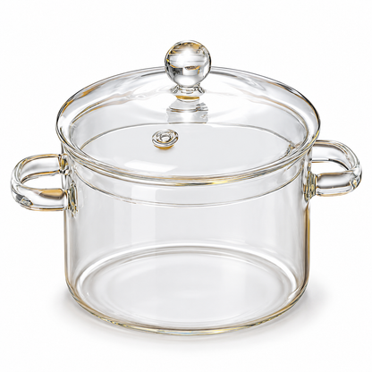 Clear Glass Soup Pot with Matching Lid & Twin Handles for Beautiful Everyday Meals — white background