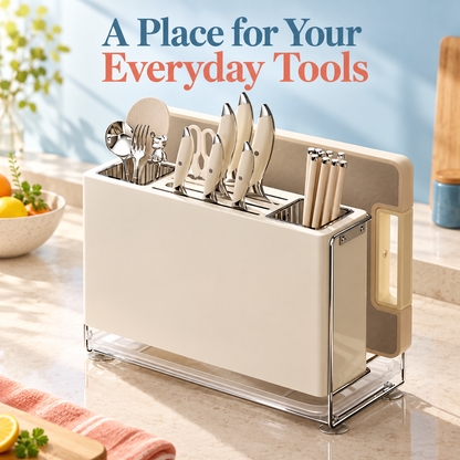Cream Wall-Mount Kitchen Knife & Chopstick Organizer with Separate Utensil Compartments and Drip Tray — A Place for Your Everyday Tools