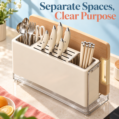 Cream Wall-Mount Kitchen Knife & Chopstick Organizer with Separate Utensil Compartments and Drip Tray — Separate Spaces, Clear Purpose