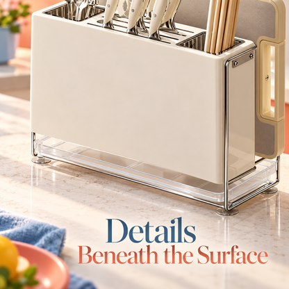 Cream Wall-Mount Kitchen Knife & Chopstick Organizer with Separate Utensil Compartments and Drip Tray — Details Beneath the Surface
