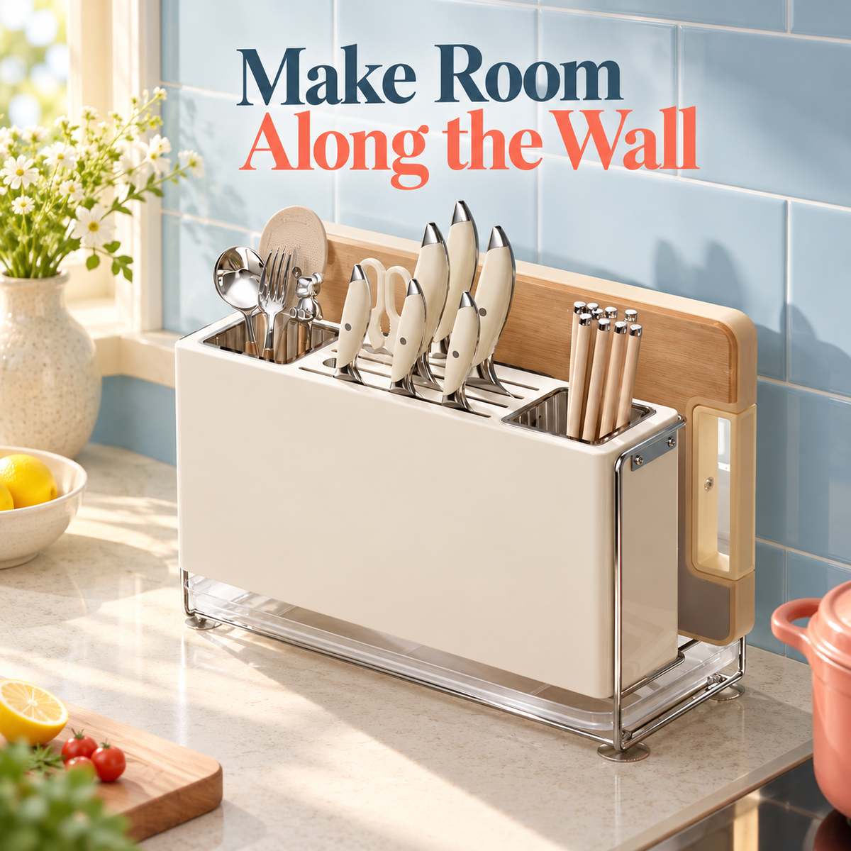 Cream Wall-Mount Kitchen Knife & Chopstick Organizer with Separate Utensil Compartments and Drip Tray — Make Room Along the Wall