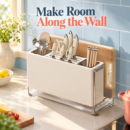 Cream Wall-Mount Kitchen Knife & Chopstick Organizer with Separate Utensil Compartments and Drip Tray — Make Room Along the Wall