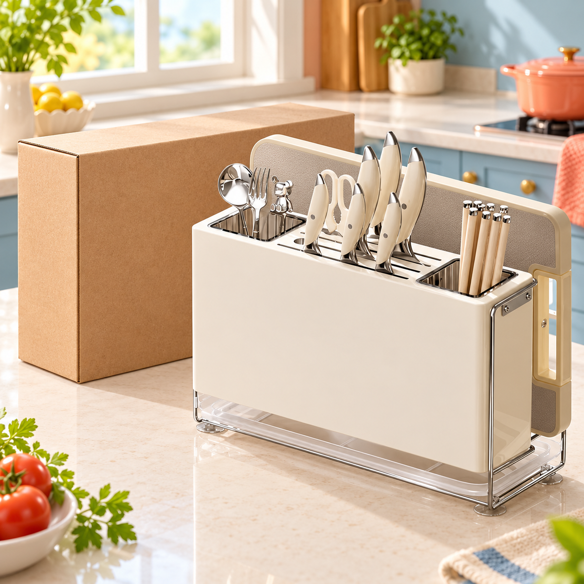 Cream Wall-Mount Kitchen Knife & Chopstick Organizer with Separate Utensil Compartments and Drip Tray — main view with plain kraft packaging