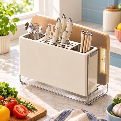 Cream Wall-Mount Kitchen Knife & Chopstick Organizer with Separate Utensil Compartments and Drip Tray — main 02