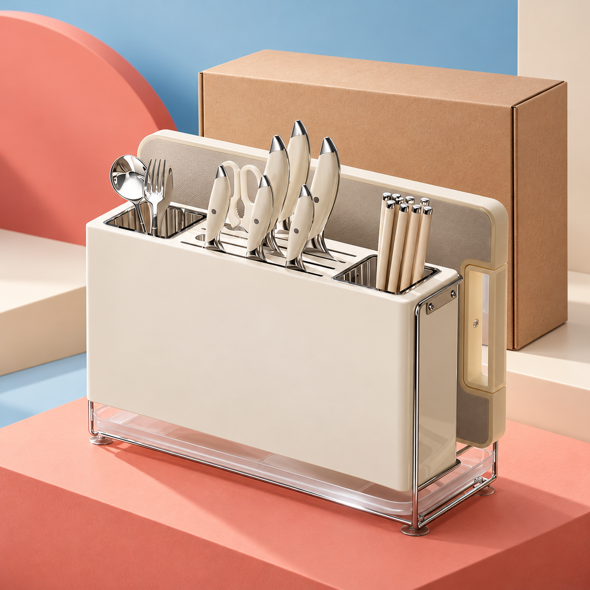 Cream Wall-Mount Kitchen Knife & Chopstick Organizer with Separate Utensil Compartments and Drip Tray — main 03