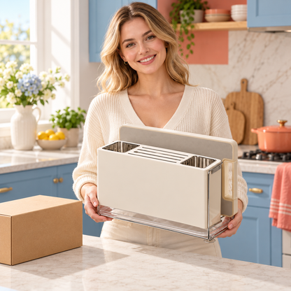 Cream Wall-Mount Kitchen Knife & Chopstick Organizer with Separate Utensil Compartments and Drip Tray — model female