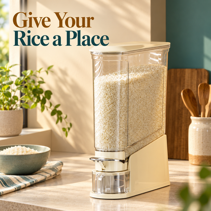 Slim Cream Rice Storage Dispenser with Clear Hopper, Front Lever & Collecting Cup for Organized Kitchens — Give Your Rice a Place