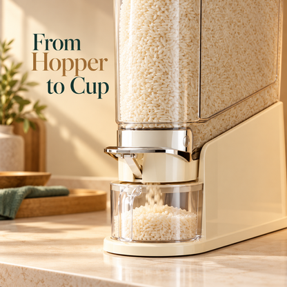 Slim Cream Rice Storage Dispenser with Clear Hopper, Front Lever & Collecting Cup for Organized Kitchens — From Hopper to Cup