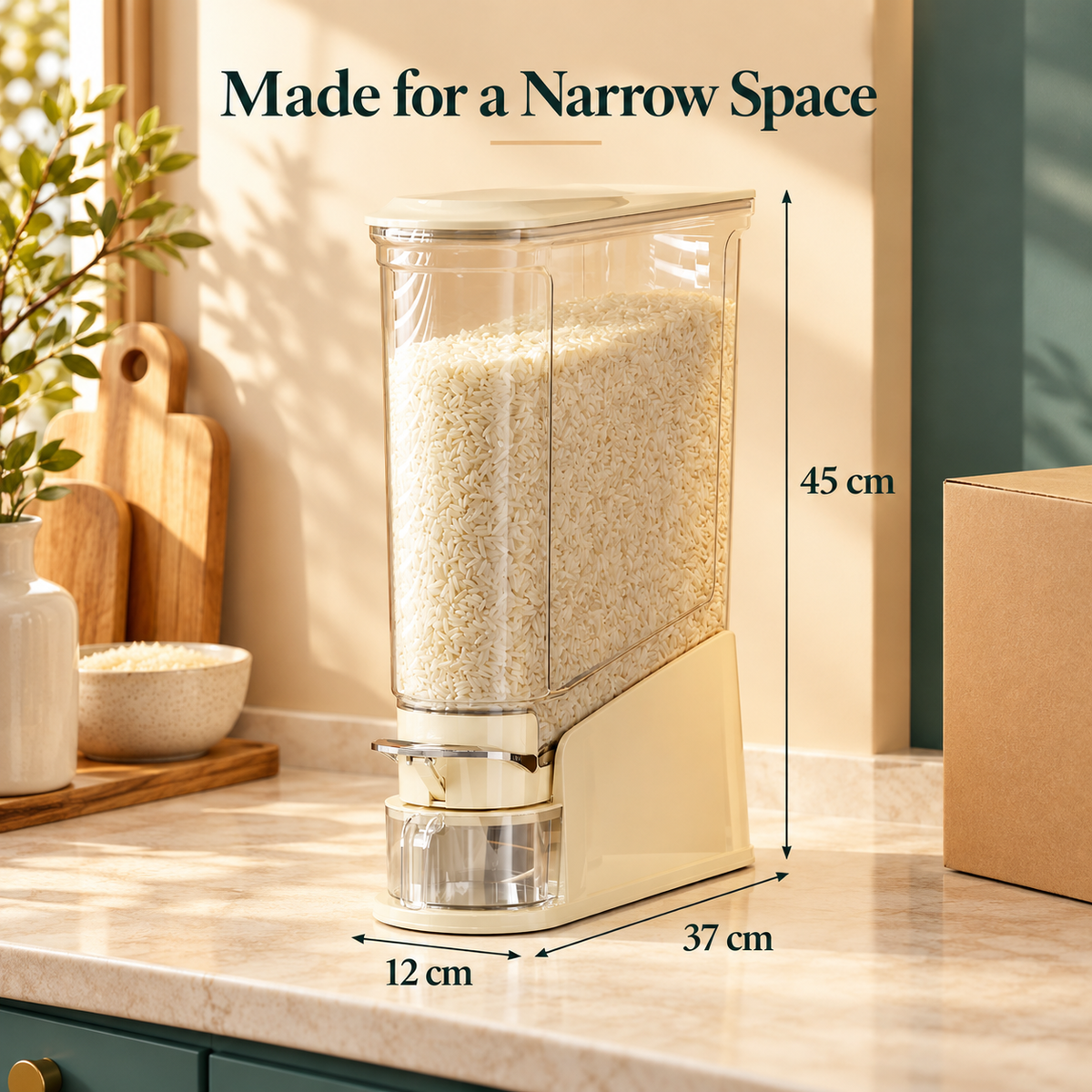 Slim Cream Rice Storage Dispenser with Clear Hopper, Front Lever & Collecting Cup for Organized Kitchens — Made for a Narrow Space