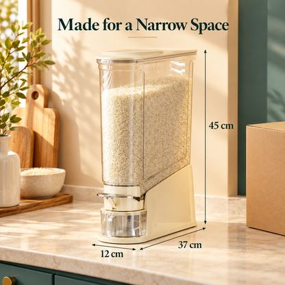 Slim Cream Rice Storage Dispenser with Clear Hopper, Front Lever & Collecting Cup for Organized Kitchens — Made for a Narrow Space