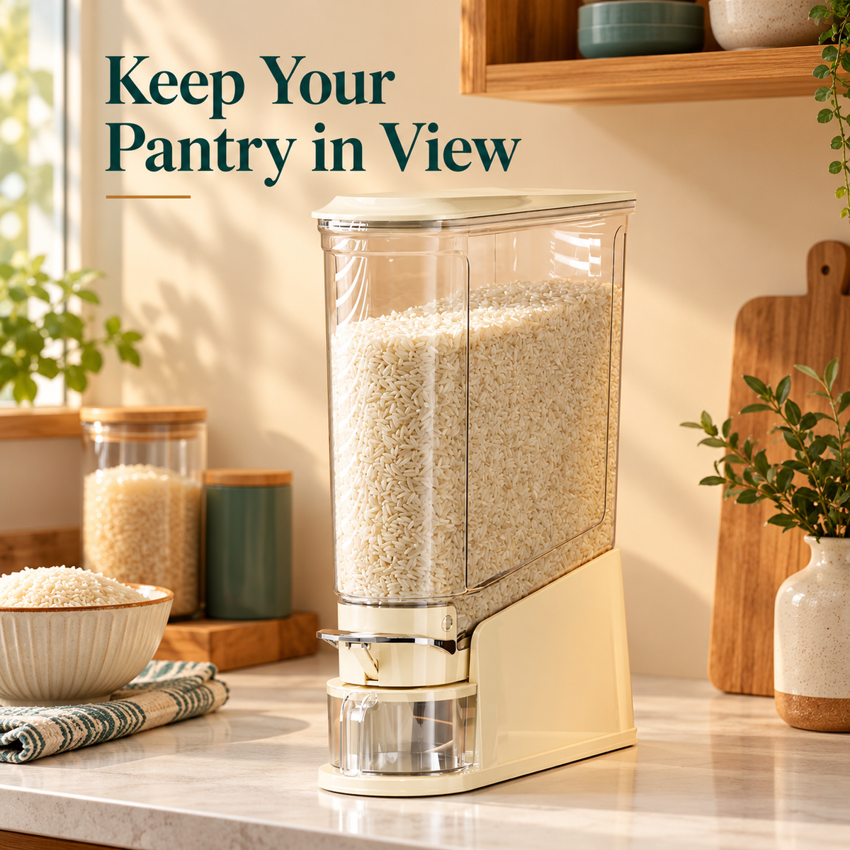 Slim Cream Rice Storage Dispenser with Clear Hopper, Front Lever & Collecting Cup for Organized Kitchens — Keep Your Pantry in View