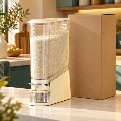 Slim Cream Rice Storage Dispenser with Clear Hopper, Front Lever & Collecting Cup for Organized Kitchens — main view with plain kraft packaging