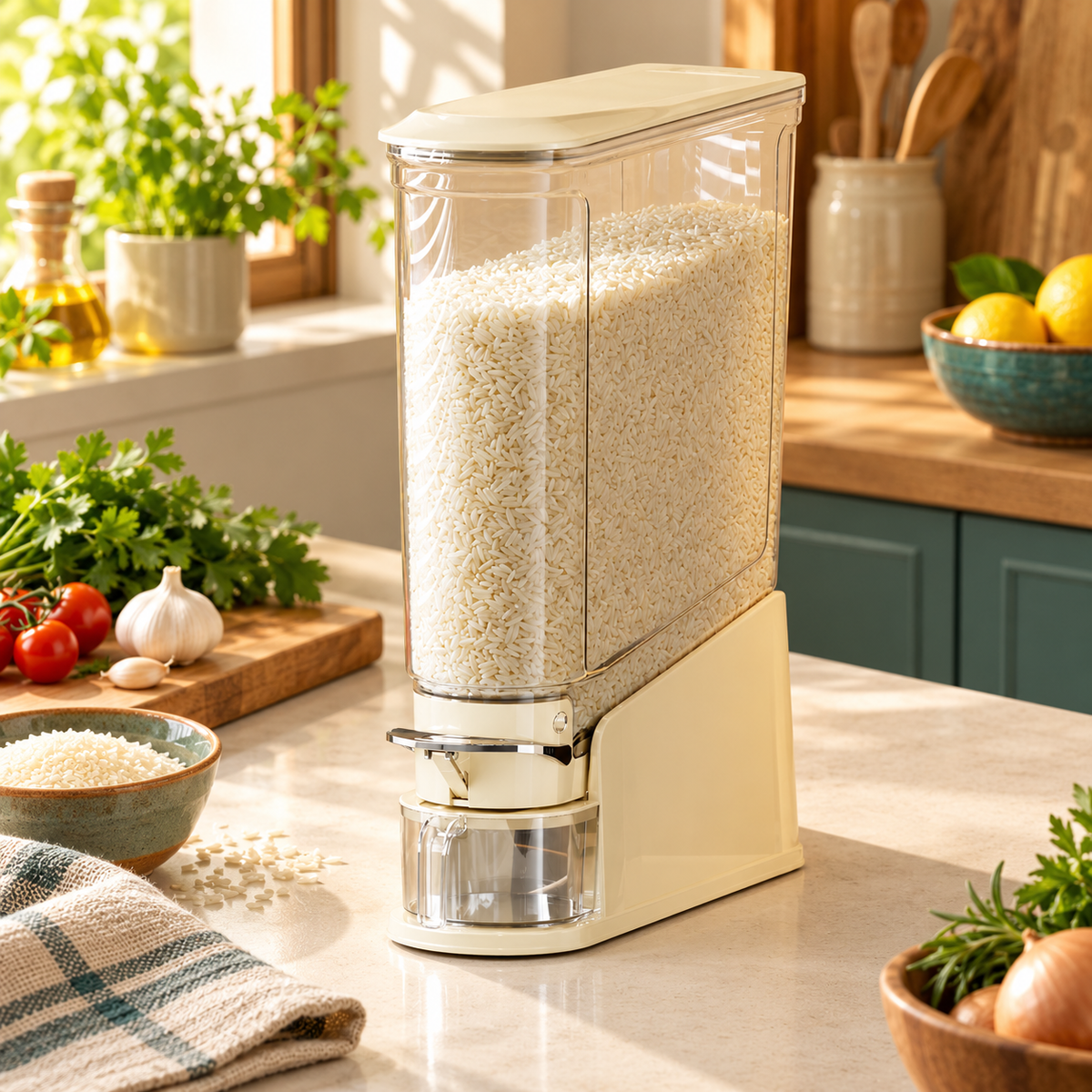 Slim Cream Rice Storage Dispenser with Clear Hopper, Front Lever & Collecting Cup for Organized Kitchens — main 02