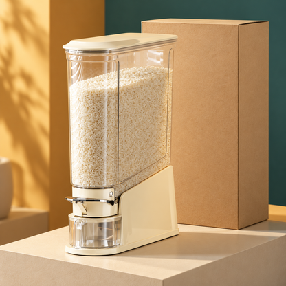 Slim Cream Rice Storage Dispenser with Clear Hopper, Front Lever & Collecting Cup for Organized Kitchens — main 03